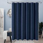 BTTN Boho Farmhouse Shower Curtain – Linen Rustic Weighted Striped Fabric Shower Curtain Set with Tassel, Water Repellent, Bohemian Vintage Country Cloth Shower Curtain for Bathroom, Navy Blue, 72×72