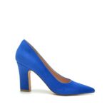 BUEUPU Women’s Chunky High Heels Closed Pointed Toe Pumps Dress Office Shoes for Women?Blue Suede,8?
