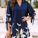 CUPSHE Women’s Floral Shirt Beach Dress 3/4 Sleeve Self Tie Button Mini Dress Blue Floral, XL