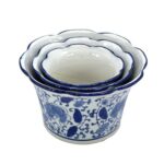 Galt International Blue & White Floral Porcelain Ceramic Decorative Flower Pot 8″/6″/4.5″ Garden Pots Chinese Asian Design – Set of 3 Cylinder Fluted Edge