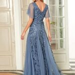 Ever-Pretty Womens Floor-Length V Neck Embroidery Bridesmaid Dress for Wedding Haze Blue US18