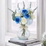 COZZI CODI Fake Flowers Artificial Blue White Roses Flower with Vase, Faux Silk Flowers Plants Decor for Home, Dining Table Decoration, Bathroom Decor, Living Room Coffee Table Decor