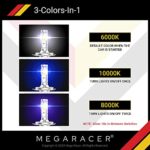 Mega Racer H4/9003/HB2 LED Headlight Bulbs, 3 Colors Changing Lights (6000K Diamond White, 8000K Ice Blue, 10000K Dark Blue) for High/Low Beam, 50W 8000 Lumens LED Chips IP68, Pack of 2