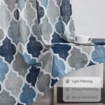 Beauoop Grommet Lattice Moroccan Tile Print Curtains 84 Inches Long Quatrefoil Geometric Linen Like Semi Sheer Curtain Window Treatment Set for Living Room Kitchen, Set of 2, 50 x 84 Inch, Blue/Gray