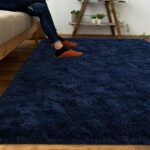 DweIke Fluffy Shag Area Rug, 3×5 Feet Navy Blue Rectangle Plush Modern Indoor Rugs, Non-Slip High Pile Shaggy Carpets for Girls Kids Bedroom, Fluffy Faux Fur Rugs for Bedroom Home Decor