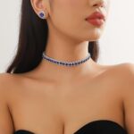 Paxuan Women Silver Sapphire Blue Rhinestone Crystal Wedding Bridal Choker Necklace Earrings Jewelry Sets