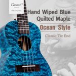 Caramel MC63 Concert – 23″ Hand -wiped Blue Quilted Maple, Matte Finish Ocean Style Ukulele Bundle Gigbag, Strings, Tuner Beginner Kit