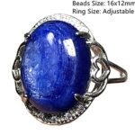 DUOVEKT Kyanite Ring, Natural Blue Kyanite Stone Crystal Jewelry For Woman Man Beads Cat Eye Silver Adjustable Ring 16x12mm