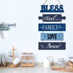 decalmile 5 pieces Bless the Food Before Us Wooden Signs Hanging Wall Plaque Family Love Blue Farmhouse Kitchen Wall Decor Sign for Rustic Country Dinning Room Home Art Decor