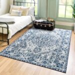Comeet Vintage Washable Area Rug – 3×5 Soft Low-Pile Throw Rugs for Living Bedroom Rug, Non-Slip Non-Shedding Floral Print Accent Floor Carpet for Dining Room Office Home Decor, Updated Blue