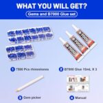 7500Pcs Blue Rhinestones Flatback with b-7000 Jewelry Glue for Crafts Clothing Clothes Fabric Tumblers, Royal Blue Flat Back Gems, Dark Blue Crystals Diamonds Different Sizes 6/10/16/20 ss, Non Hotfix