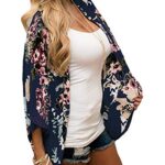 Omoone Women’s Short Batwing Sleeve Floral Chiffon Cardigan Kimono Beachwear(0321-Navy Blue-L)