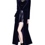 Omoone Women’s Slim Notch Lapel Maxi Long Vintage Velvet Trench Coat Dress(1128-Navy Blue-L)