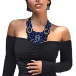 Flyonce Navy Blue Rhinestone Crystal Bib Chunky Collar Statement Necklace for Women Girls Costume Jewelry