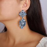 YERTTER Vintage Colorful Crystal Drop Dangle Earrings Flower Chic Rhinestone Earrings Long Ear Stud for Wedding Women Brides (Light Blue)