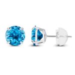 14K Solid White Gold 4mm Round Natural Swiss Blue Topaz December Birthstone Prong Set Stud Earrings For Women and Girls