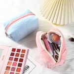 SOIDRAM 2 Pieces Makeup Bag Cute Cosmetic Bag Plush Pink Blue Checkered Makeup Pouch Coquette Travel Toiletry Bag Organizer Fluffy Makeup Brushes Puffy Storage Bag for Women