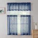Chyhomenyc Marilyn 2PCS Navy Blue Sheer Valances for Windows 14 Inches Long, Light Filtering Soft Clip Jacquard Textured 3D Leaf Curtains for Bathroom Bedroom Small Windows, 38Wx14L Inches
