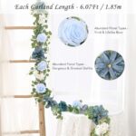 Waipfaru 6.07Ft Artificial Eucalyptus Garland with Flowers, Wedding Table Flower Garland Decorations, Floral Rose Garland for Centerpieces Backdrop Wall Flower Vines for Room Decor (Dusty Blue)