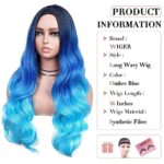 WIGER Long Blue Wavy Wigs for Women Ombre Blue Body Wave Mermaid Hair Wigs Long Curly Synthetic Hair for Daily or Cosplay