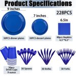 TWOWYHI 228PCS Blue Party Supplies Set Include Paper Plates Cups Blue Napkins Plastic Spoons Forks Knives for 30 Guests Disposable Party Dinnerware for Birthday Wedding Party Family Picnic