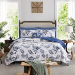 MaiRêve Blue Comforter Set Queen, Blue Leaves Crinkle Navy Blue Comforter Queen Size, Blue Bedding Sets Queen 8 Pieces with Sheets, Comforter, Navy Blue Comforter Queen Size 90″x 90″