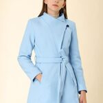 Allegra K Women’s Classic Stand Collar Long Sleeve Winter Belted Long Coat Large Light Blue