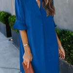 QACOHU Womens Summer V-Neck Ruffle Puff Sleeves Solid Color Simple Casual Dress Mini Dress Royal Blue M