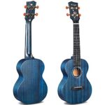 Enya Concert Ukulele 23″ Blue all Solid Mahogany Ukeleles for Adults Beginners Kids with Cherry Blossom Pattern Bundle Case Tuner Strap Strings Capo Sand Shaker Picks Polish Cloth (EUC-MS BU)