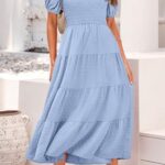 PRETTYGARDEN Womens Smocked V Neck Wedding Guest Dresses for Women 2024 Puff Short Sleeve Dress Chiffon Smocked Maxi Dress (Light Blue,X-Large)