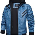 HOOD CREW Men’s Casual Stand Collar PU Faux Leather Zip-Up Motorcycle Bomber Jacket With a Removable Hood Blue L