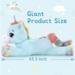 Muiteiur 43inch Large Unicorn Stuffed Animal, 5.4lbs Giant Unicorn Plush Hugging Pillow, Big Fat Blue Stuffed Unicorn Plush Toy Gift for Girls Boys