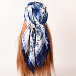 EIysee 35 x 35 Women’s Fashion Pattern Large Square Silk Like Hair Scarf Head Sleeping Wrap Satin Neck Bandana for Gift (Blue and white porcelain-navy blue)…