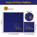 DYLIVeS Happy Birthday Napkins, Blue and Gold Foil Dots Napkins Disposable Paper Napkins for Dinner Picnic Cocktail Birthday Party Supplies Decorations for Boy Man, 6.5 x 6.5 Inch (Pack of 50)
