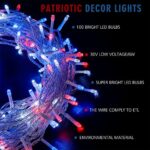 hopolon 4th of July Decorations Outdoor LED String Lights 33FT 100 LED Independence Day Fairy Lights with 8 Modes, Red White Blue Lights for Holiday Patriotic Christmas Decor