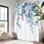 Gibelle Blue Eucalyptus Shower Curtain, Watercolor Plant Leaves with Floral Bathroom Shower Curtain Set with Hooks, 72×72