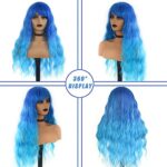 EVLYNN Blue Wig with Bangs Long Wavy Ombre Blue Wigs for Women Loose Wave Blue Heat Resistant Synthetic Wig Blue Curly Wig for Daily Party Cosplay 24 Inch