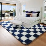 KICMOR Navy Blue and Cream White Rugs for Living Room, 4×6 Fluffy Fuzzy Shag Checkered Rug Shaggy Carpet for Bedroom, Soft Plush Area Rug for Nursery Toddler Room Classroom Study Room Kids Room