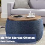 Kakotito Modern Round Storage Ottoman with Wooden Lid,Circle Ottoman Handmade Ottoman Coffee Table,End Table & Footstool for Living Room (Navy)
