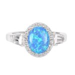 CloseoutWarehouse Oval Cubic Zirconia Halo Ring Sterling Silver (Comes in Colors) (Blue Simulated Opal, 8)