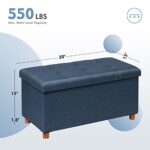 PINPLUS Folding Storage Ottoman Bench, 30 Inches Linen Large Upholstered Storage Ottoman Foot Stool with Wooden Feet, Coffee Table, Large Storage Bench for Living Room Bedroom Entryway, Blue