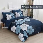 Luxudecor Navy Blue Comforter Set Queen Size, 7 Pieces Bed in a Bag Navy Blue Floral Comforter and Sheet Set, Soft Microfiber Complete Bedding Sets for All Seasons
