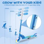 Scooter for Kids Ages 3-10 – Kids Kick Scooters with Led Light Up Wheels & 3 Levels Adjustable Handlebar, Lightweight Foldable 2 Wheel Blue Light Up Scooter, Christmas Birthday Gifts for Girls Boys.
