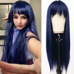 QD-Tizer Dark Blue Synthetic Hair Wigs with Full Bangs Blue Long Straight Women’s Wig Heat Resistant Synthetic No Lace Wigs for Fashion Women 24 inch