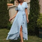 Simplee Womens Solid Chiffon Wrap Formal Maxi Ruffle Split Dress Flowy Bridesmaid Wedding Party Evening Dress with Belt(Light Blue L)