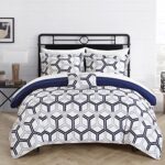Chic Home Marcia 4 Piece Comforter Set Printed Pinch Pleated Ruffled and Reversible Geometric Design with Decorative Pillow and Sham, Full/Queen, Navy