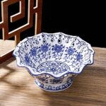 Fruit Bowl Fruit Serving Plate Blue and White Porcelain Decoration Bowl with Foot for Living Dining Drawing Room, 24cm (Blue&White-with foot)