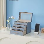 SONGMICS Jewelry Box with Glass Lid, 4-Layer Jewelry Organizer, 3 Drawers, for Sunglasses, Big Jewelry, Jewelry Storage, Modern Style, Smoky Blue and Gold Color UJBC161Q01