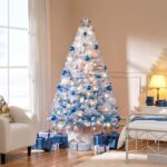 Yaheetech 6ft Pre-lit Artificial Christmas Tree with 250 Incandescent Warm White Lights, Snow Flocked Full Prelighted Xmas Tree with 820 Branch Tips & Foldable Stand, Lake Blue Gradient