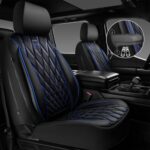 CAR PASS Piping Luxury Leather Seat Covers Full Set,5 Seats Anti-Slip Waterproof Seat Covers Compatible with Front Armrests,Universal Fit for Sendan SUV Van Truck,Airbag Compatible,Black and Blue